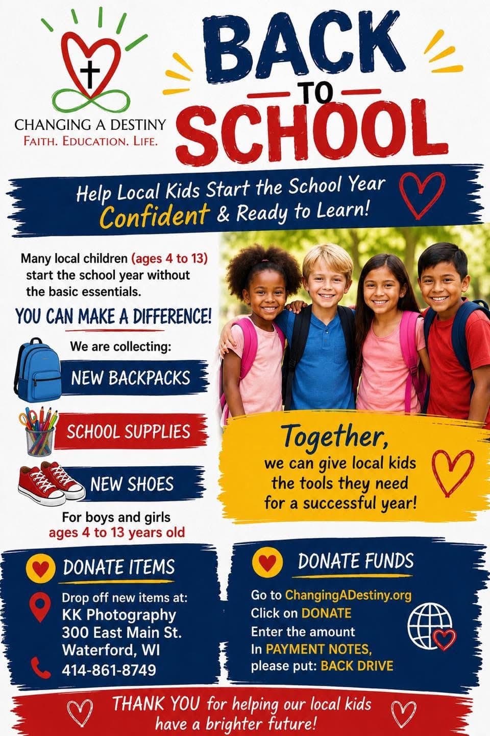 Back to School Drive flyer — collecting new backpacks, school supplies, and new shoes for local children ages 4 to 13