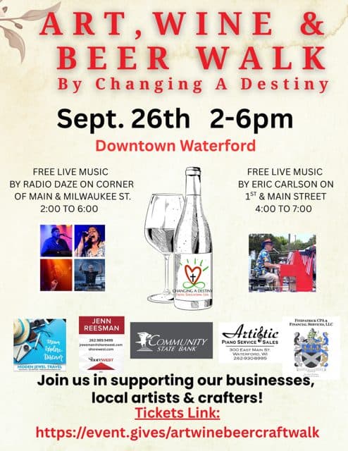 Fall Art, Wine & Beer Walk and Craft Market flyer — free live music in downtown Waterford