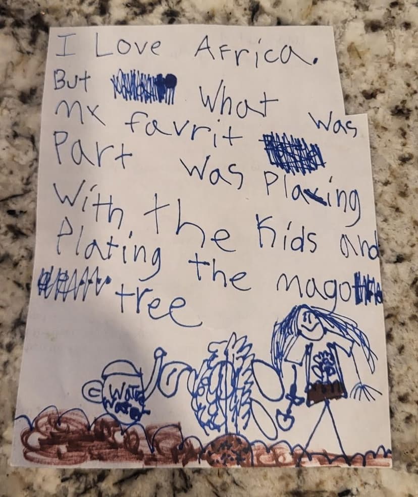 Fiona's handwritten note about loving Africa